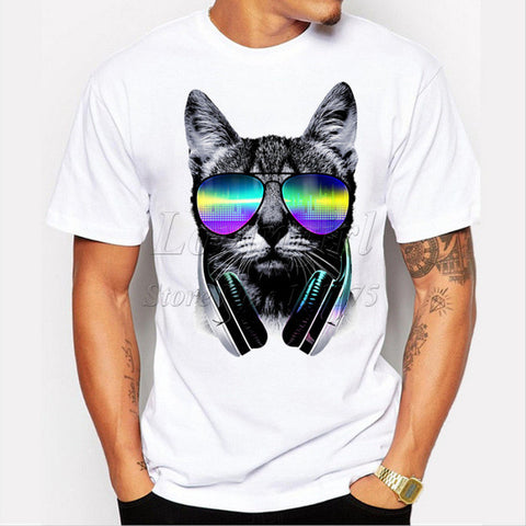 DJ cat printed Funny t-shirt men tops